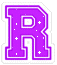 Purple capital letter R with white outline and scattered plus signs on gray background.
