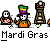 Animated Mardi Gras-themed buddy icon featuring a skeleton character in orange outfit and green-purple hat with beads, interacting with brown chess pieces on gray background across six frames.
