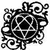 Black-and-white pixelated icon with circular central symbol surrounded by ornate scrollwork and geometric patterns.