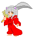 Pixel art character with silver hair, purple ear tips, and red eyes holding a yellow-tipped staff in red traditional clothing against gray background.