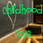Green pixelated text 'childhood' and 'love' overlaid on a blurred background with vertical lines and a brownish structure.