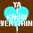 Four identical pixelated heart-shaped icons with cyan fill and brown background, each displaying text "YA I KNOW EVERYTHIN!" in white block letters.