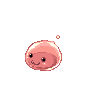 Pixelated pink blob with rounded eyes and a smiling mouth, floating against gray background with small white dots.