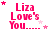 Pixelated pink text 'Liza Love's You.....' with varying star positions on white background, animated stars flicker around the text.