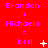 Red background with repeated text and symbols showing Brandon + Michaela = bffl in purple, white plus signs, and changing animation elements.