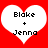 Two identical white heart shapes on a red background, each containing black pixelated text reading "Blake + Jenna" with the plus sign centered between the names.