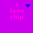 A purple background displays four identical 'i love chip' text blocks with a blue heart, starburst, and dot cluster animation above the top-right block.