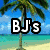 Pixelated beach scene with palm tree, blue sky, turquoise water, and yellow sand, overlaid with text "BJ's" in bold white letters with black outline.