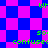 Pixelated animation with blue and magenta checkered background, green text fragments scattered across the image.