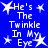 Blue background with white pixelated text reading "He's The Twinkle In My Eye" surrounded by star shapes.