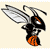 Pixelated insect with black body, orange stripes, translucent wings, and antennae on light beige background.