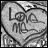 Static grayscale pixel art icon with stylized text 'Love' and 'me' overlaid on abstract curved lines against a mottled background.