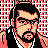 Pixelated static icon of a man with dark hair and beard against red-and-white patterned background, wearing black clothing with white collar.