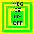 Four variations of a pixelated green and yellow square icon with "MEG IS MY BFF" text, each showing different nested border configurations.