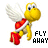 Yellow cartoon turtle with white wings and red shell, flying left to right across white background while text changes from 'FLY AWAY' to 'GONE.'