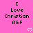 Pixelated text 'I Love Christian A&F' repeated across a pink background with white heart symbols, partially cropped at bottom right.
