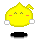 Yellow pixelated character with triangular top, small orange cheeks, white hands, and black base; two expressions alternate between closed eyes and open eyes.