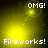 Animated yellow fireworks display with text overlays reading "OMG!" and "Fireworks!" in pixelated font against dark background.