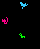 Three distinct pixelated icons on a black background: pink, blue, and green shapes positioned top-right, left-center, and bottom-center.