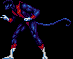 Pixelated character in blue and red costume with tail, shown in five sequential poses against black background.