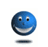 Blue spherical avatar with white eyes and a wide smile, displayed on a white background with a subtle shadow beneath.