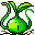 Two pixelated green plant-like creatures with bulbous bodies, white eyes, and black pupils stand side-by-side on brown soil against a gray background.
