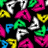 Pixelated static image of multiple stylized letter 'P' shapes in various colors on a black background.
