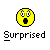 Static pixel art icon featuring a yellow circular emoji face with wide eyes and an open mouth above the word 'Surprised' in blocky text on a gray background.