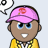 Pixelated character with brown skin wears pink cap featuring red rose, yellow checkered jacket over white shirt, blue eyes, and a wide smile.