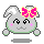 A 4-frame pixel art contact sheet of a gray bunny mascot with pink bow, showing different expressions and poses across frames on a gray background.
