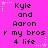 Pixelated text on bright pink background with white star decorations, repeating 'Kyle and Aaron r my bros 4 life' in three