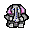 Pixelated character with pink ears, blue dots on chest, and gray body holding black musical notes in four variations.