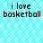 A static image with a light blue background patterned by white hexagonal shapes, featuring repeated text "i love basketball" in black pixelated font.