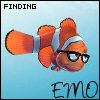 A pixelated orange clownfish with white stripes wears black-rimmed glasses against a light blue background, with 'FINDING' text at top and 'EMO' text at bottom.
