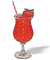 A red cocktail in a stemmed glass with a straw and garnish, set against a white background.
