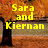 Yellow text on a pixelated autumn background with two tree silhouettes, displaying 'Sara and Kiernan' on the left side.