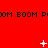 Red background with repeated black 'BOOM POOM' text and white pixelated symbols changing across frames.