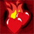 A red heart-shaped object with white highlights and a yellow flame-like shape above it, set against a dark red background.