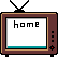 Pixelated TV set displays 'home' text with yellow bird character emerging from right side, turning left to face center across frames.