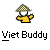 Pixelated icon of a figure in a yellow shirt and checkered hat with arms raised, below text reading "Viet Buddy" on gray background.