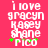 Pixelated text on pink background with green star-like symbols, showing 'i love gracyn karey shane rico' in white block letters.