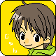 Pixelated anime-style character with brown hair and green hoodie on yellow background, showing open eyes then closed eyes in animation.