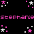 Pixelated pink and white text 'stephanie:stephanie' on black background with scattered star-like shapes.