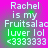 Pixelated text on a gradient background with green and purple hues, displaying 'Rachel is my Fruitsalac luvr lol <3333333' in four identical quadrants.