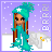 Pixelated character with teal hair and star-adorned hat stands against purple snow background, wearing matching teal outfit.