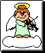 Pixelated angel with brown hair, yellow halo, and white wings plays violin on cloud; light green dress, orange shoes, pink cheeks.