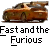 Pixelated image of a brown sports car with visible wheels and a rear spoiler, positioned above stylized text reading "Fast and the Furious" on a gray background.