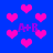 Blue background with scattered pink pixelated hearts and purple 'A+B' text, some hearts appear to be in motion.