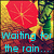 Pixelated image with red umbrella, green figure, and cyan text reading 'waiting for the rain...' on a yellow-brown gradient background.