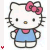 Hello Kitty character with pink bow, blue overalls, and yellow nose in pixelated style.